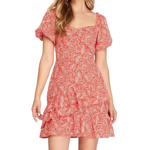 She and Sky Dresses & Skirts - She and Sky Puff Sleeve Tiered Ruffle Mini Dress Red White Size Large NWT